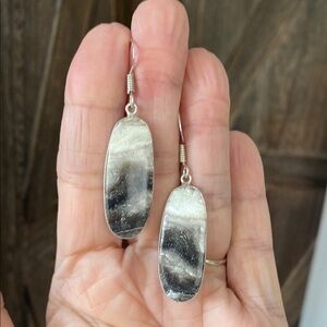 Handmade Gray Striped Calcite & 925 Sterling Silver Oval Earrings
